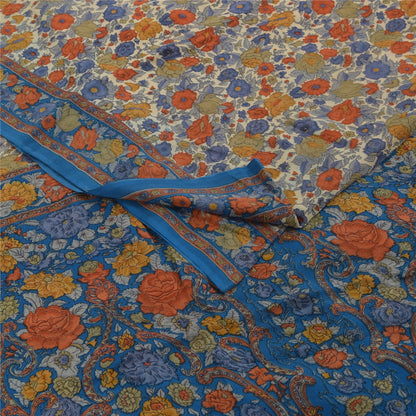 Sanskriti Vintage Sarees Cream Pure Crepe Silk Printed Sari 5+yd Craft Fabric