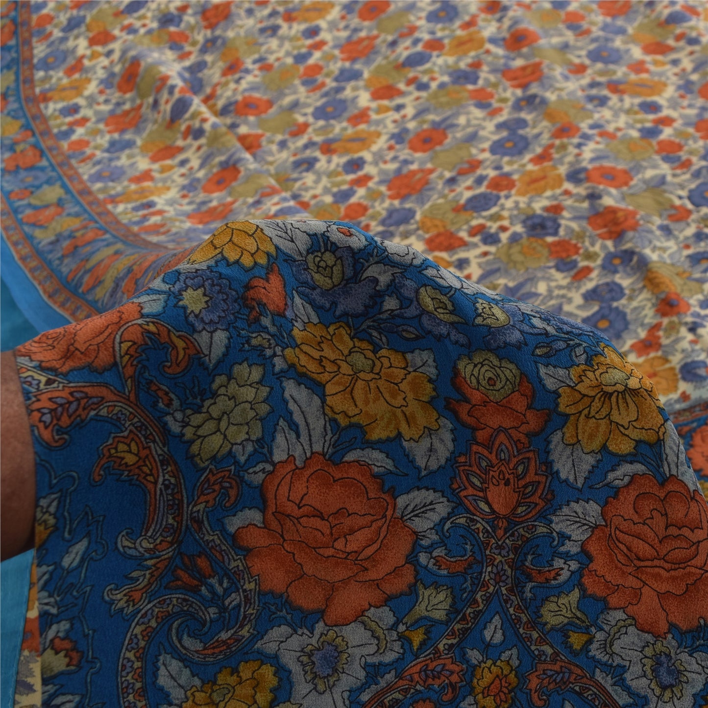 Sanskriti Vintage Sarees Cream Pure Crepe Silk Printed Sari 5+yd Craft Fabric