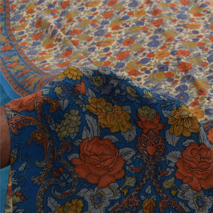 Sanskriti Vintage Sarees Cream Pure Crepe Silk Printed Sari 5+yd Craft Fabric