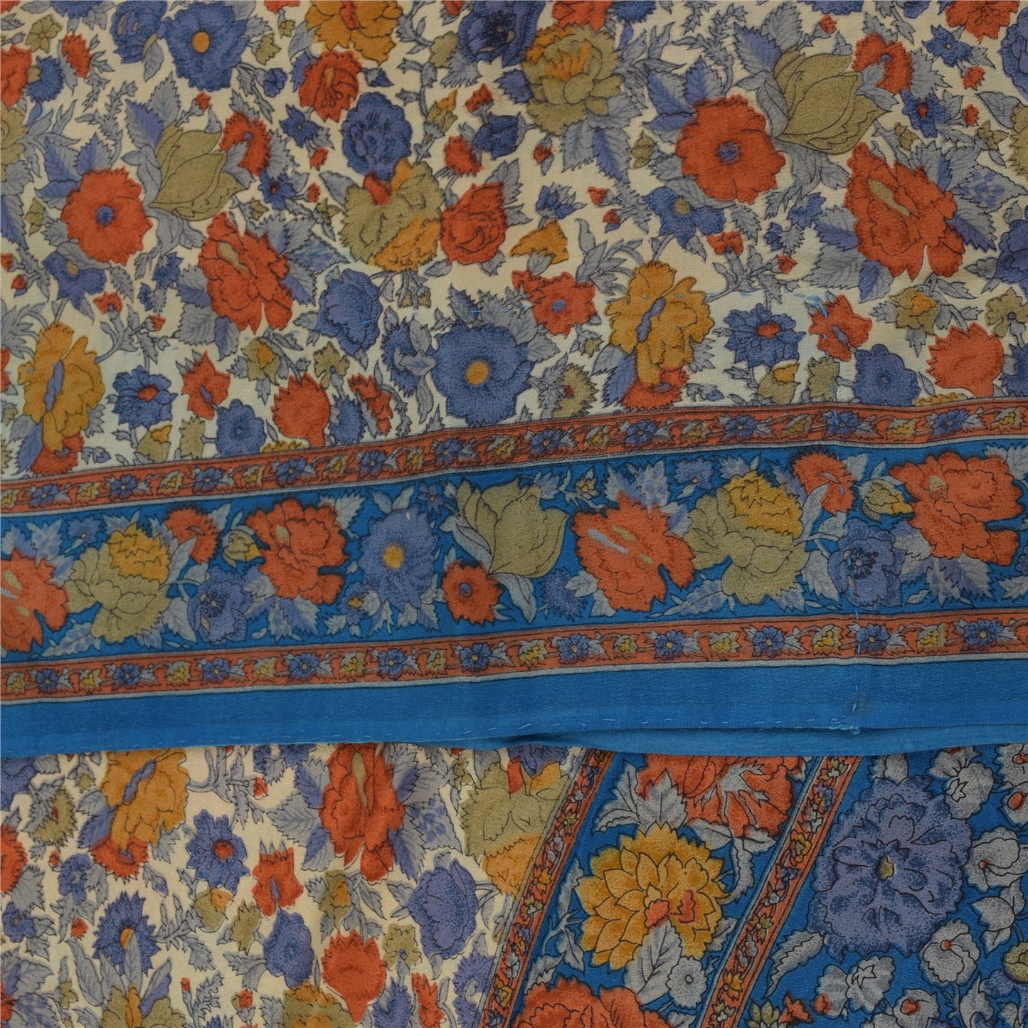 Sanskriti Vintage Sarees Cream Pure Crepe Silk Printed Sari 5+yd Craft Fabric