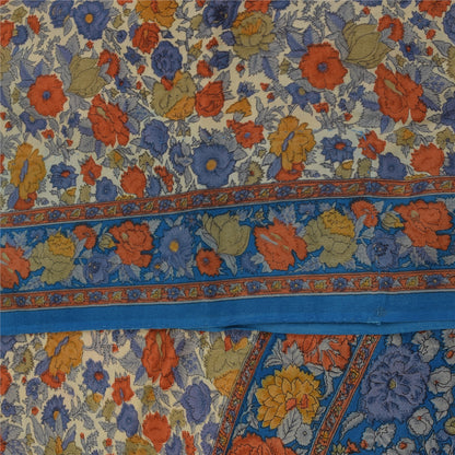 Sanskriti Vintage Sarees Cream Pure Crepe Silk Printed Sari 5+yd Craft Fabric