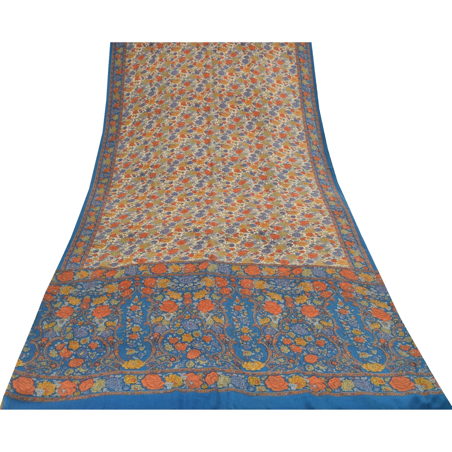 Sanskriti Vintage Sarees Cream Pure Crepe Silk Printed Sari 5+yd Craft Fabric