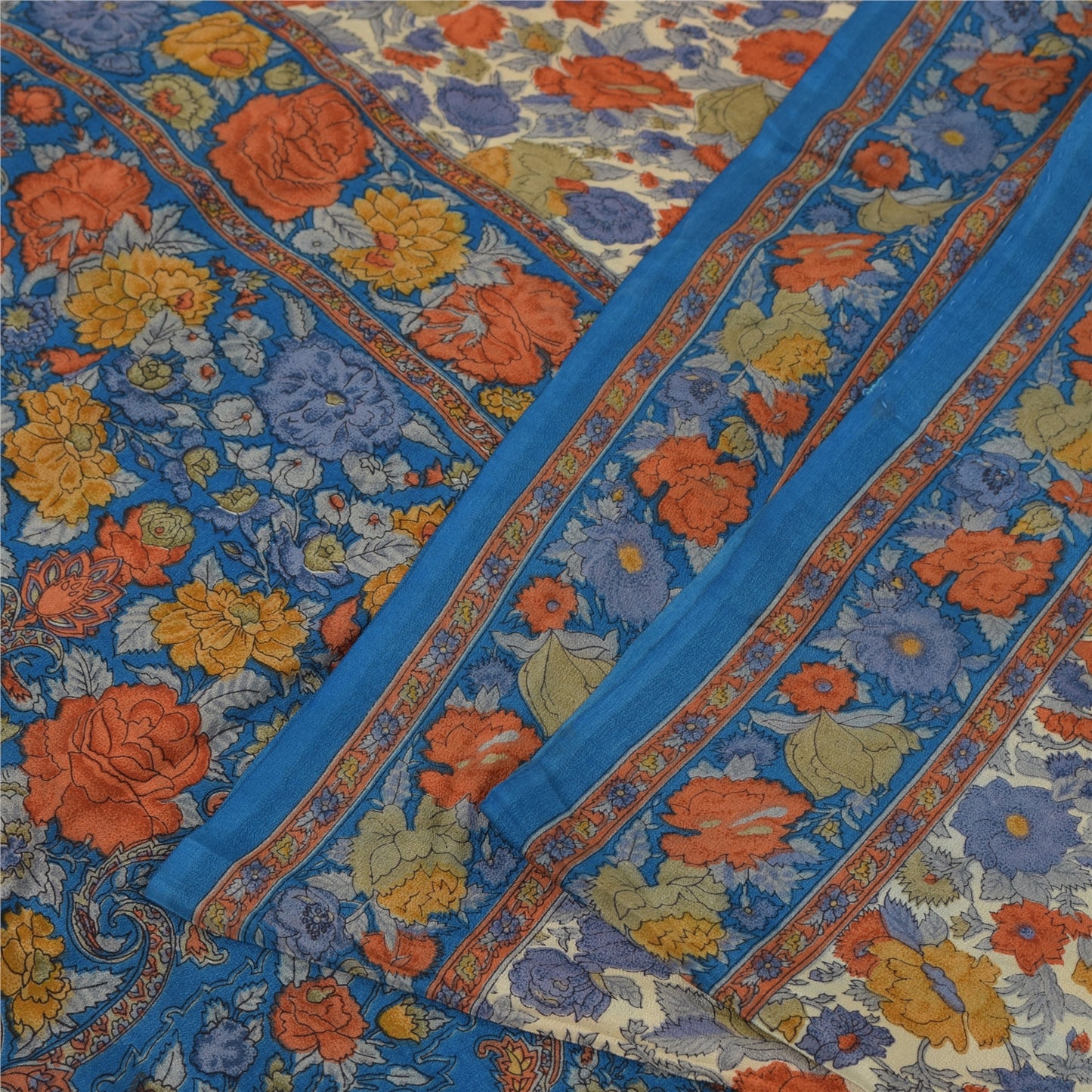 Sanskriti Vintage Sarees Cream Pure Crepe Silk Printed Sari 5+yd Craft Fabric