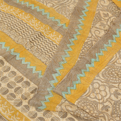 Sanskriti Vintage Sarees Gray 100%Pure Crepe Silk Printed Sari 5+yd Craft Fabric