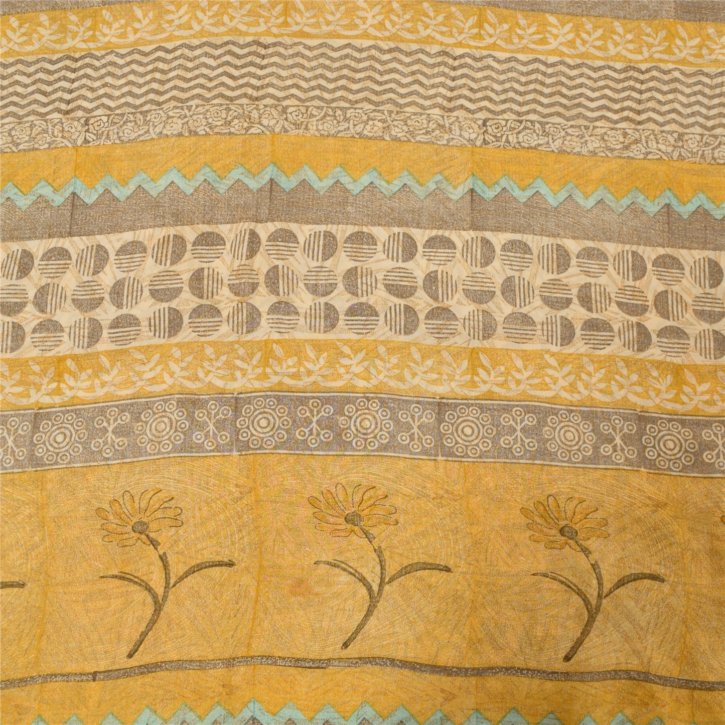 Sanskriti Vintage Sarees Gray 100%Pure Crepe Silk Printed Sari 5+yd Craft Fabric