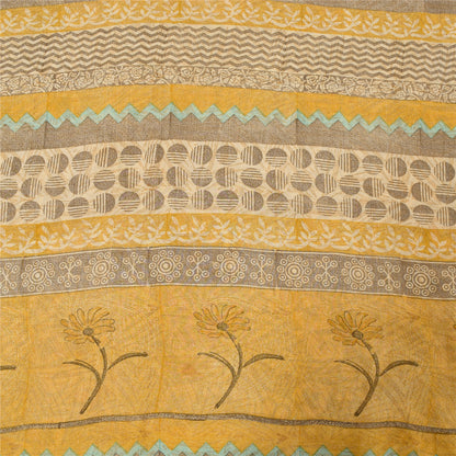 Sanskriti Vintage Sarees Gray 100%Pure Crepe Silk Printed Sari 5+yd Craft Fabric