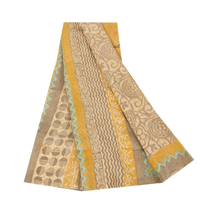 Sanskriti Vintage Sarees Gray 100%Pure Crepe Silk Printed Sari 5+yd Craft Fabric