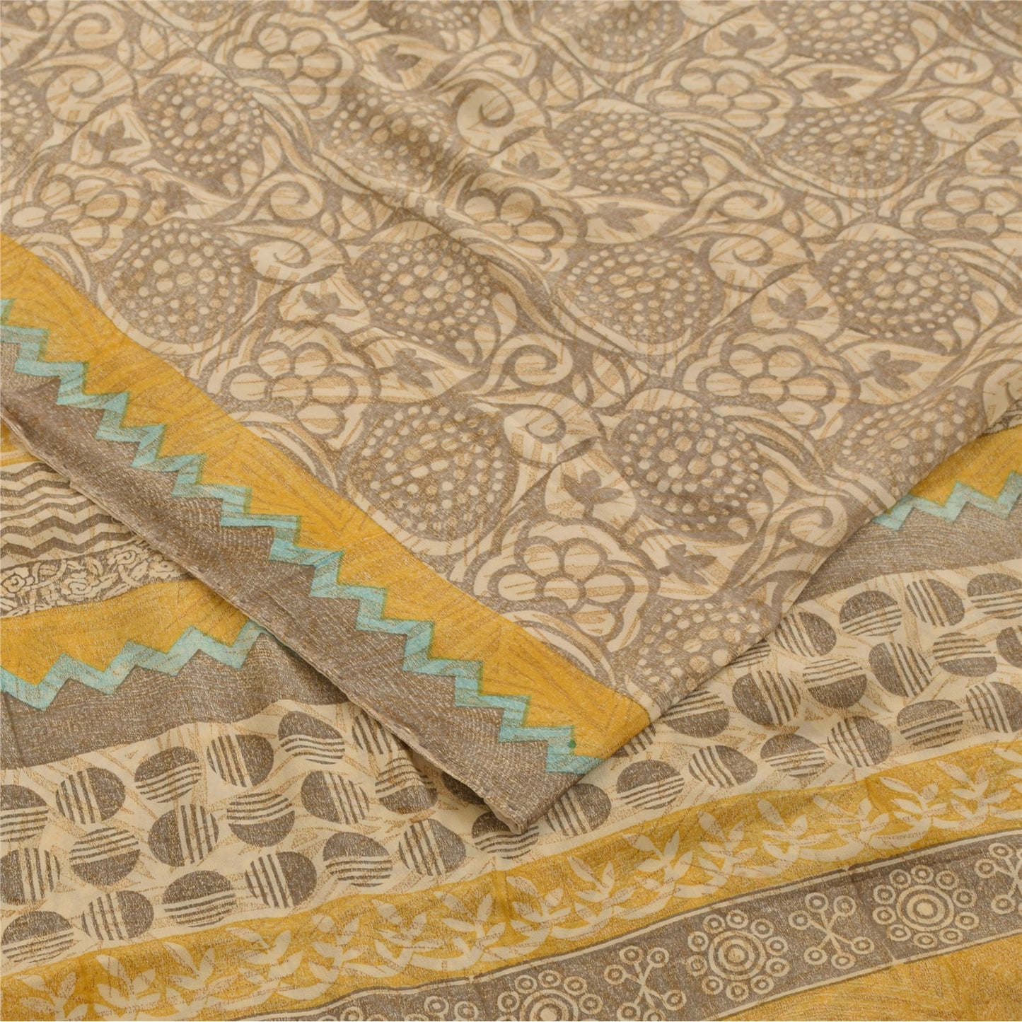 Sanskriti Vintage Sarees Gray 100%Pure Crepe Silk Printed Sari 5+yd Craft Fabric