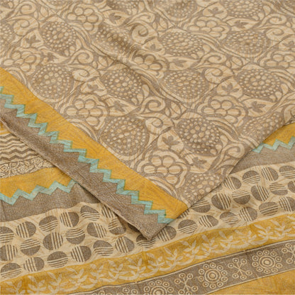 Sanskriti Vintage Sarees Gray 100%Pure Crepe Silk Printed Sari 5+yd Craft Fabric