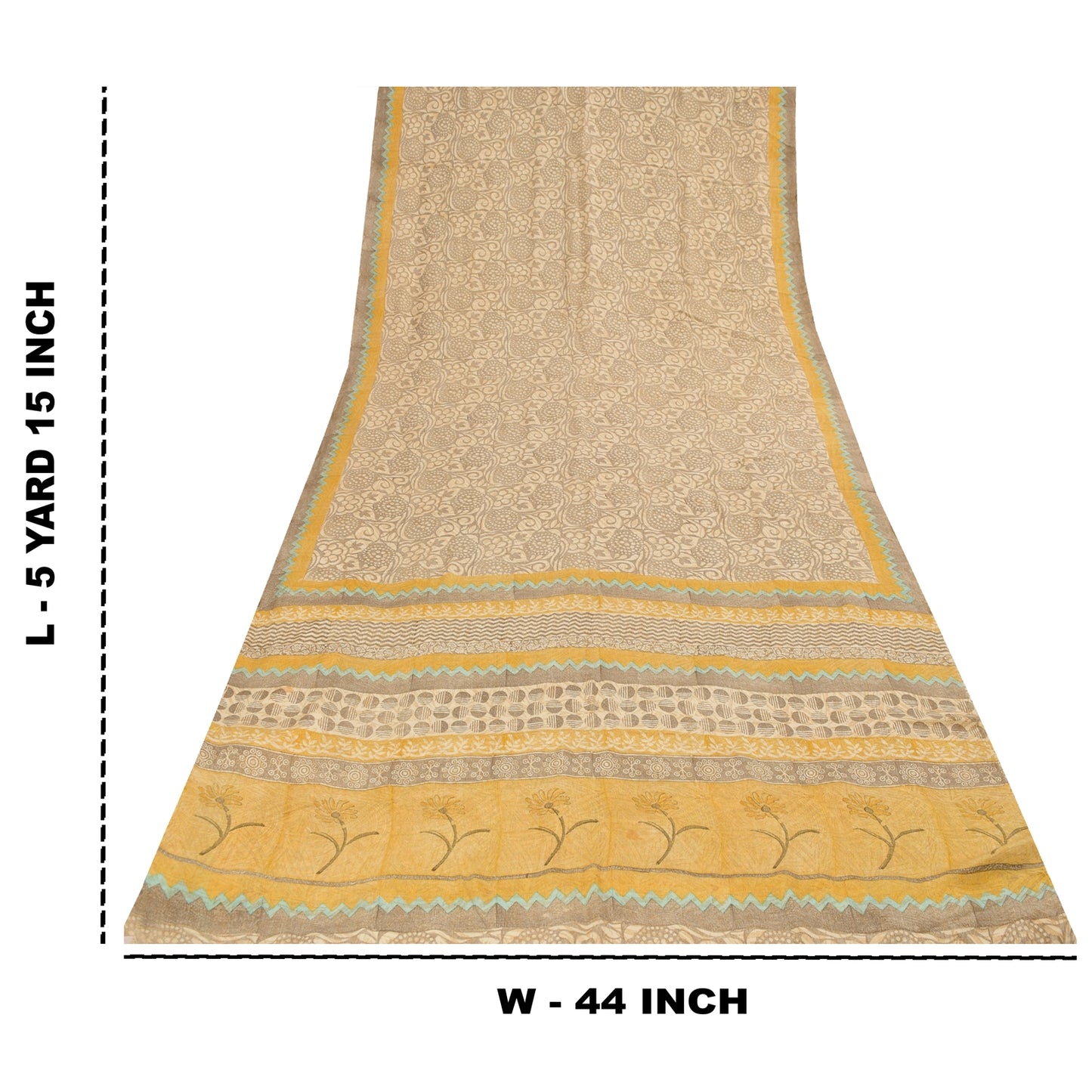 Sanskriti Vintage Sarees Gray 100%Pure Crepe Silk Printed Sari 5+yd Craft Fabric