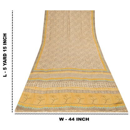 Sanskriti Vintage Sarees Gray 100%Pure Crepe Silk Printed Sari 5+yd Craft Fabric