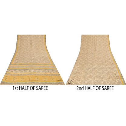 Sanskriti Vintage Sarees Gray 100%Pure Crepe Silk Printed Sari 5+yd Craft Fabric