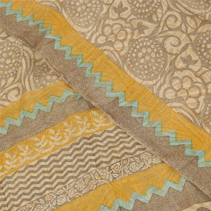 Sanskriti Vintage Sarees Gray 100%Pure Crepe Silk Printed Sari 5+yd Craft Fabric