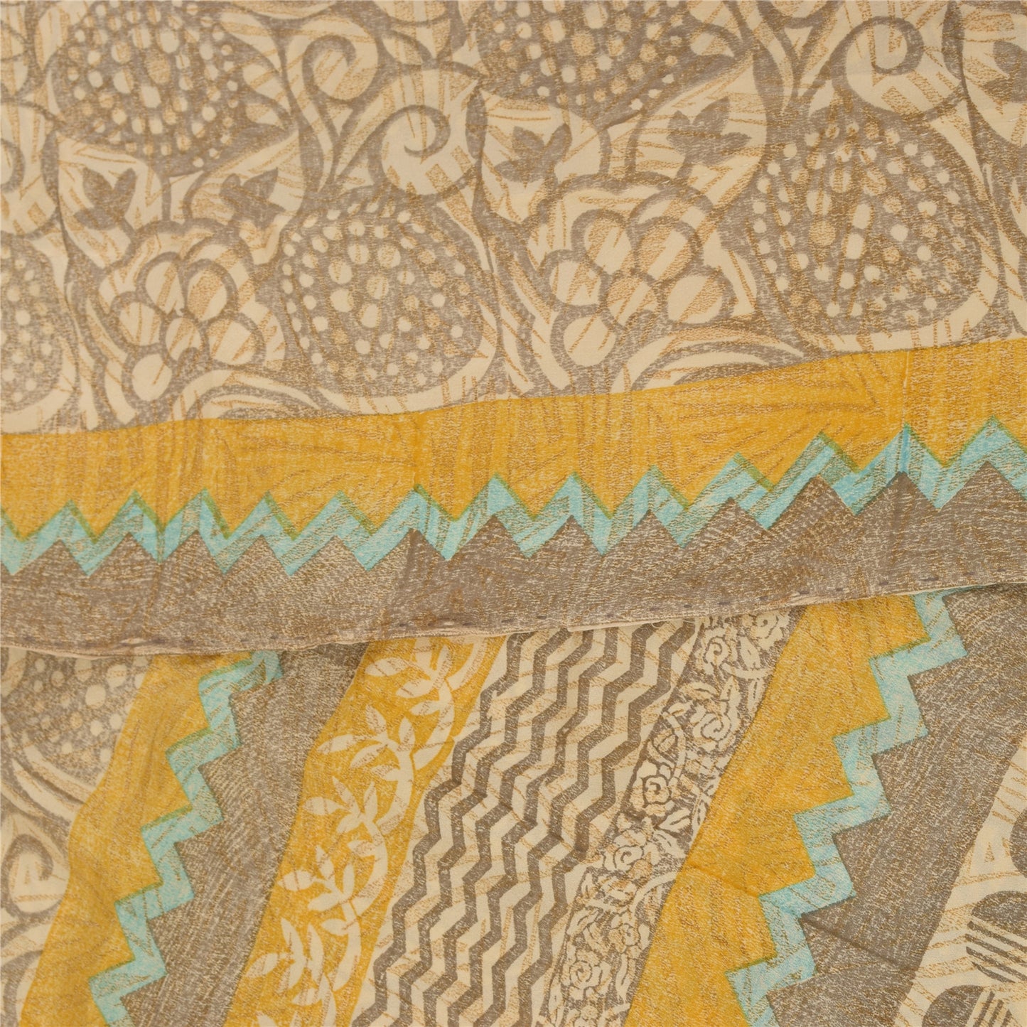 Sanskriti Vintage Sarees Gray 100%Pure Crepe Silk Printed Sari 5+yd Craft Fabric