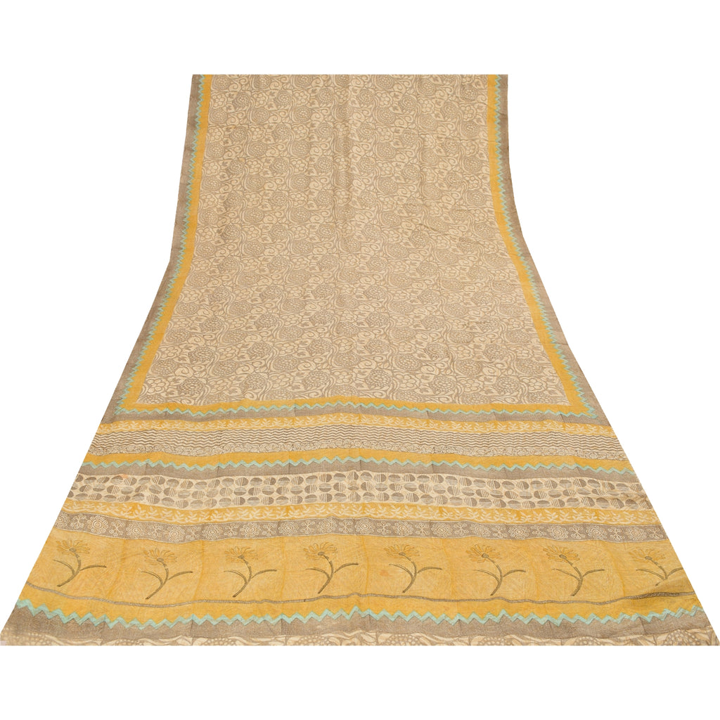 Sanskriti Vintage Sarees Gray 100%Pure Crepe Silk Printed Sari 5+yd Craft Fabric