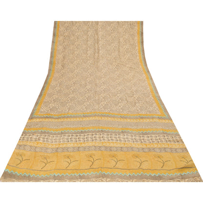 Sanskriti Vintage Sarees Gray 100%Pure Crepe Silk Printed Sari 5+yd Craft Fabric