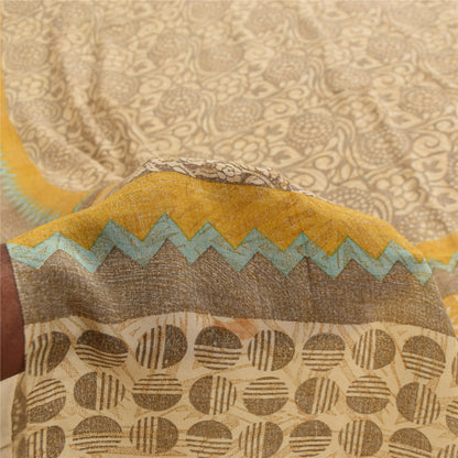 Sanskriti Vintage Sarees Gray 100%Pure Crepe Silk Printed Sari 5+yd Craft Fabric