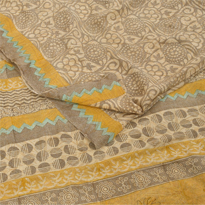 Sanskriti Vintage Sarees Gray 100%Pure Crepe Silk Printed Sari 5+yd Craft Fabric