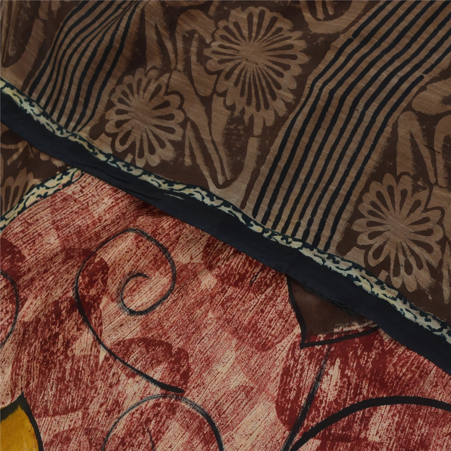 Sanskriti Vintage Sarees Red & Brown Pure Crepe Printed Sari 5+yd Craft Fabric