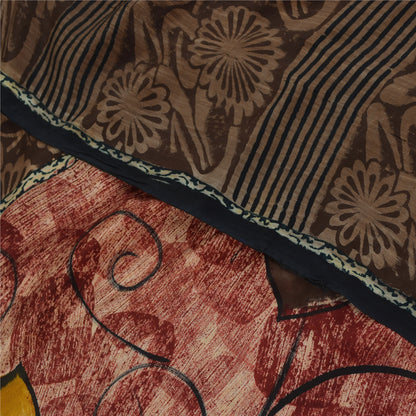 Sanskriti Vintage Sarees Red & Brown Pure Crepe Printed Sari 5+yd Craft Fabric