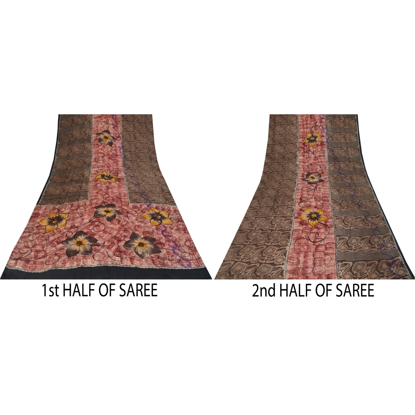 Sanskriti Vintage Sarees Red & Brown Pure Crepe Printed Sari 5+yd Craft Fabric