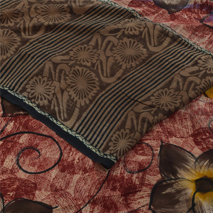 Sanskriti Vintage Sarees Red & Brown Pure Crepe Printed Sari 5+yd Craft Fabric