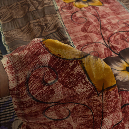 Sanskriti Vintage Sarees Red & Brown Pure Crepe Printed Sari 5+yd Craft Fabric