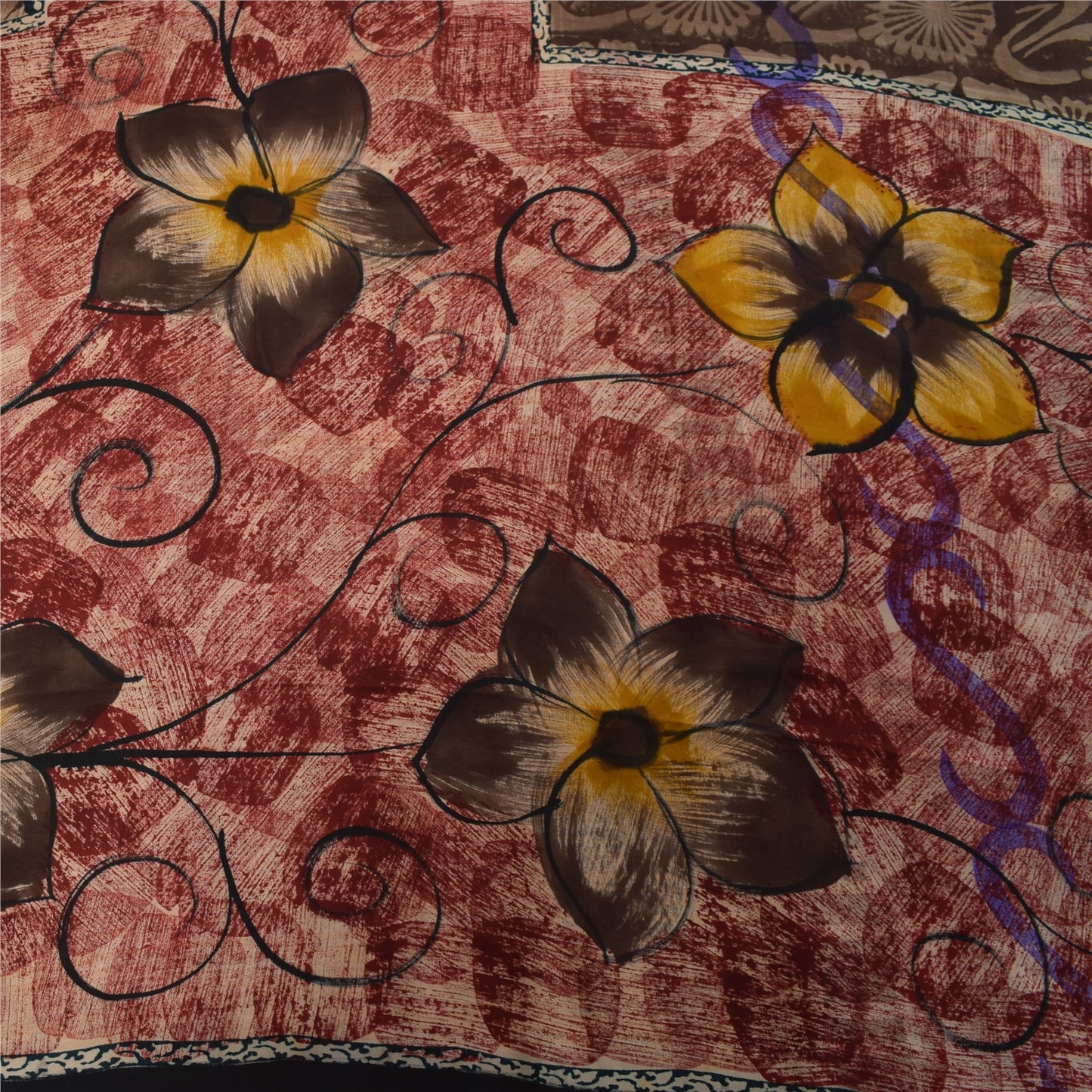 Sanskriti Vintage Sarees Red & Brown Pure Crepe Printed Sari 5+yd Craft Fabric