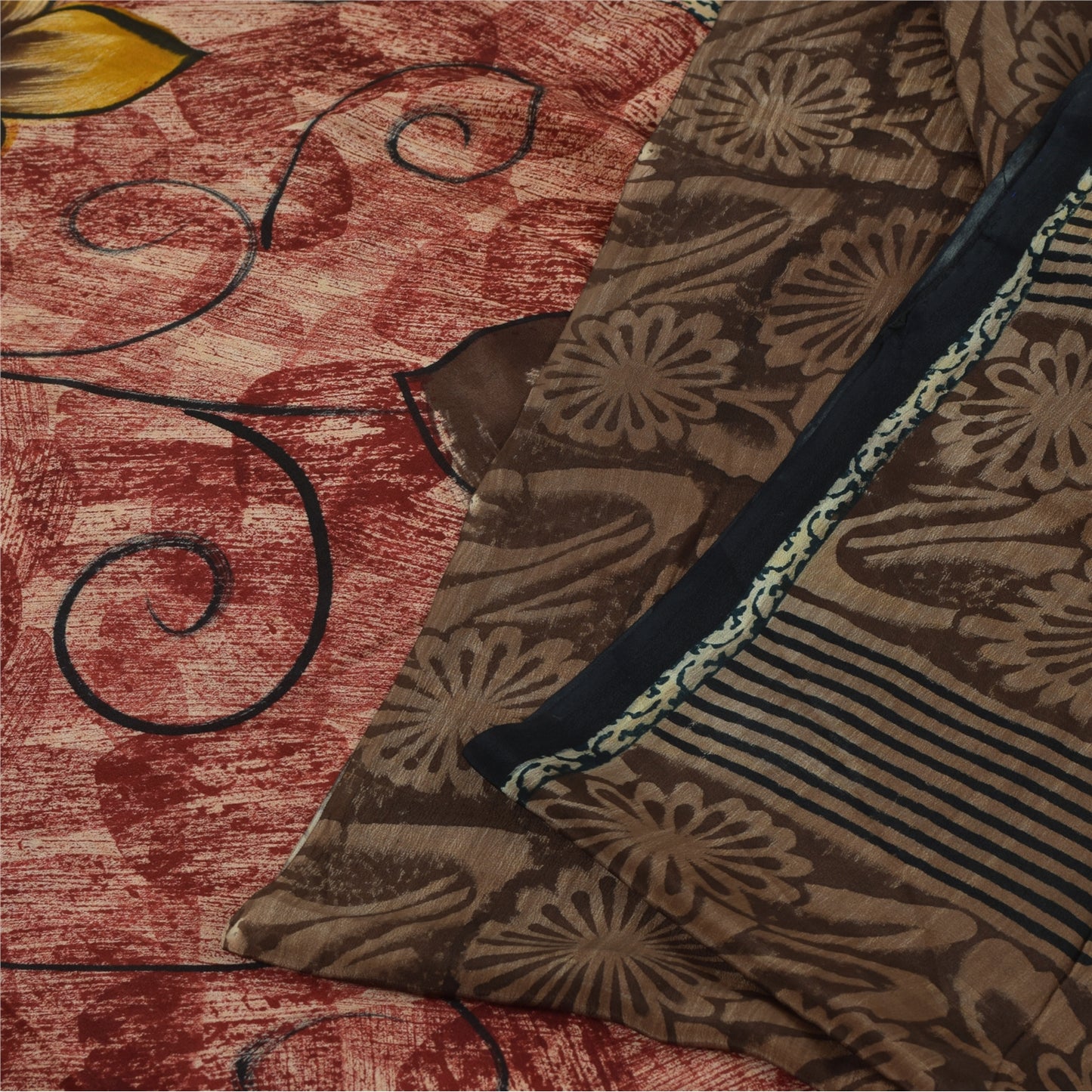 Sanskriti Vintage Sarees Red & Brown Pure Crepe Printed Sari 5+yd Craft Fabric