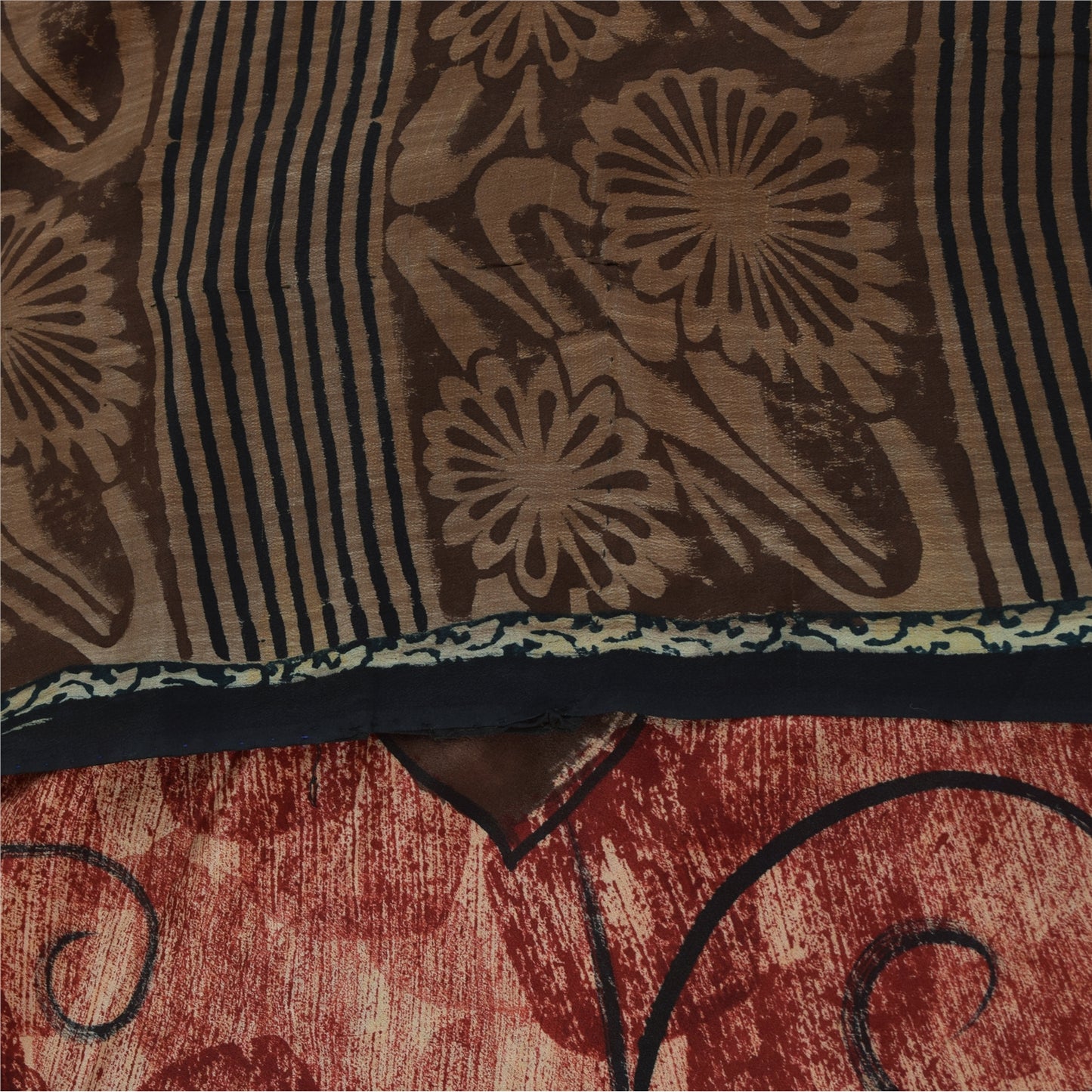 Sanskriti Vintage Sarees Red & Brown Pure Crepe Printed Sari 5+yd Craft Fabric