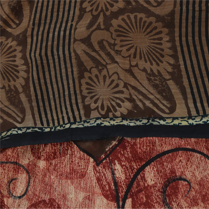 Sanskriti Vintage Sarees Red & Brown Pure Crepe Printed Sari 5+yd Craft Fabric