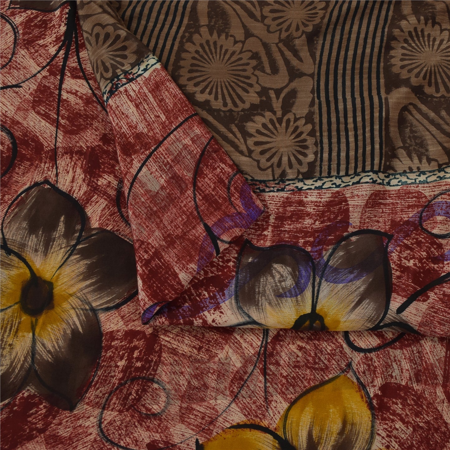 Sanskriti Vintage Sarees Red & Brown Pure Crepe Printed Sari 5+yd Craft Fabric