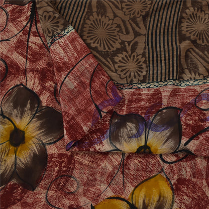 Sanskriti Vintage Sarees Red & Brown Pure Crepe Printed Sari 5+yd Craft Fabric