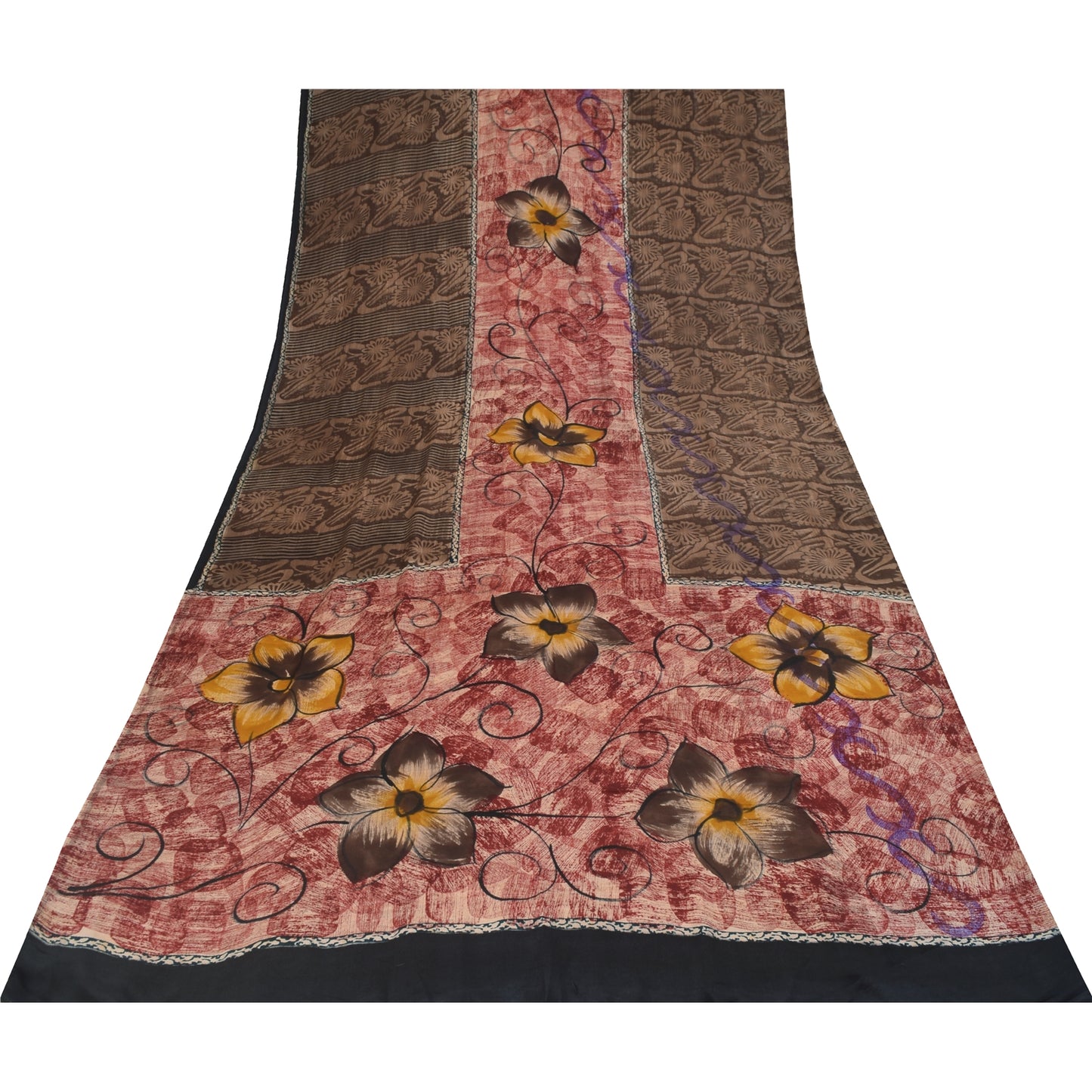 Sanskriti Vintage Sarees Red & Brown Pure Crepe Printed Sari 5+yd Craft Fabric