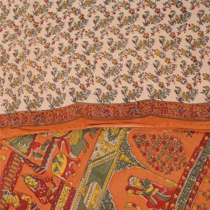 Sanskriti Vintage Sarees Ivory Pure Crepe Human Printed Sari 5+yd Craft Fabric