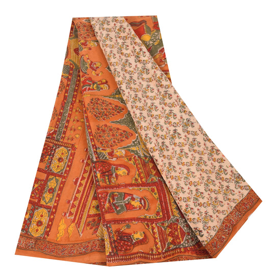 Sanskriti Vintage Sarees Ivory Pure Crepe Human Printed Sari 5+yd Craft Fabric