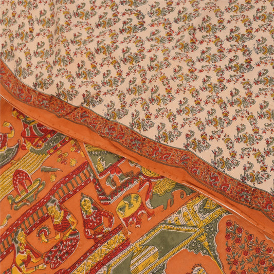 Sanskriti Vintage Sarees Ivory Pure Crepe Human Printed Sari 5+yd Craft Fabric