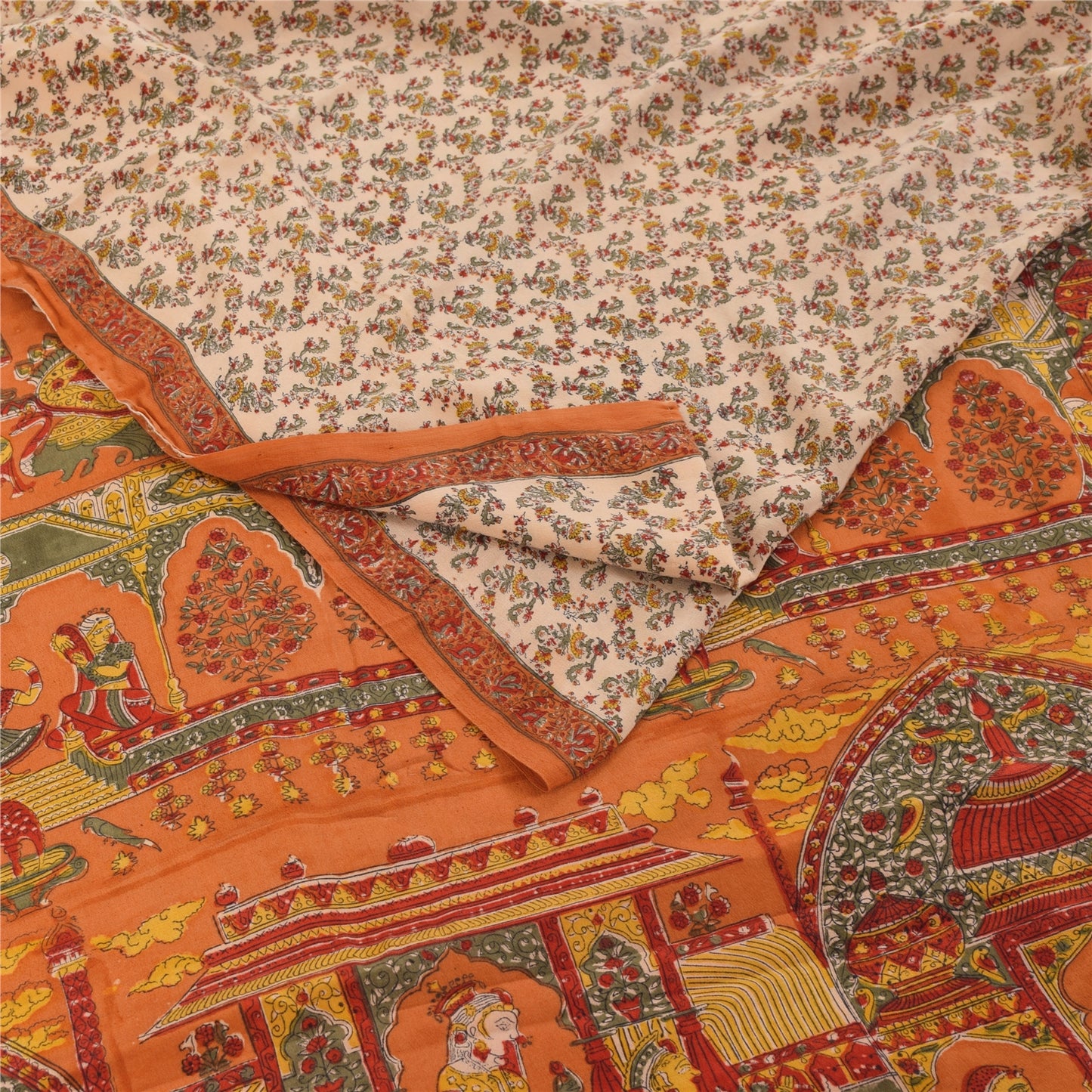 Sanskriti Vintage Sarees Ivory Pure Crepe Human Printed Sari 5+yd Craft Fabric