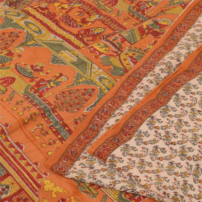 Sanskriti Vintage Sarees Ivory Pure Crepe Human Printed Sari 5+yd Craft Fabric