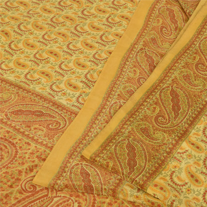 Sanskriti Vintage Sarees Yellow Pure Crepe Silk Printed Sari 5+yd Craft Fabric