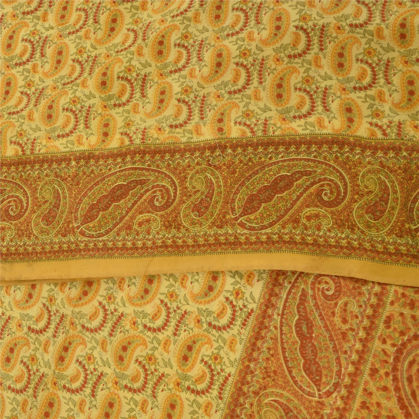 Sanskriti Vintage Sarees Yellow Pure Crepe Silk Printed Sari 5+yd Craft Fabric
