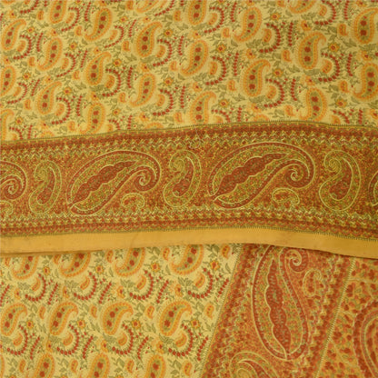 Sanskriti Vintage Sarees Yellow Pure Crepe Silk Printed Sari 5+yd Craft Fabric