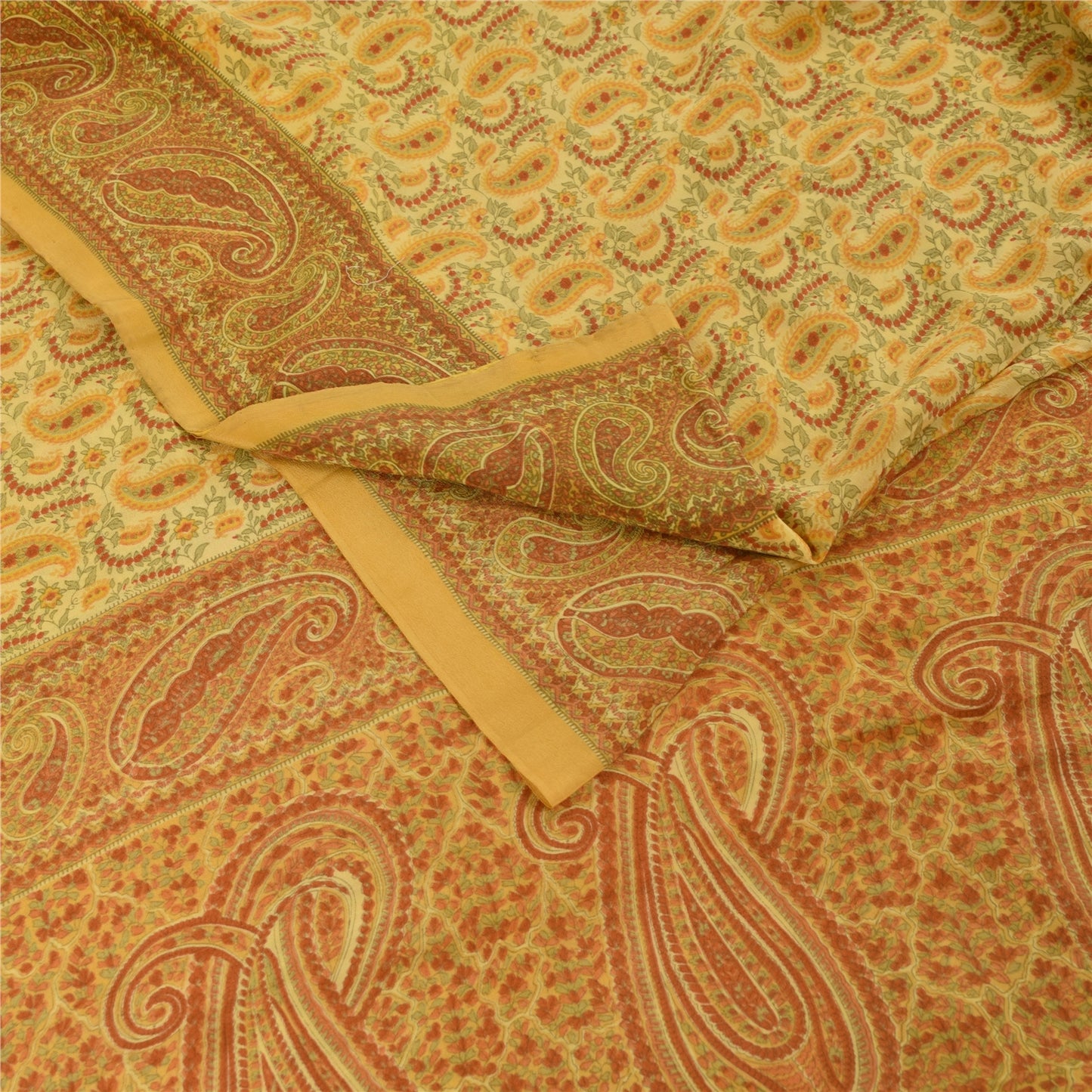 Sanskriti Vintage Sarees Yellow Pure Crepe Silk Printed Sari 5+yd Craft Fabric