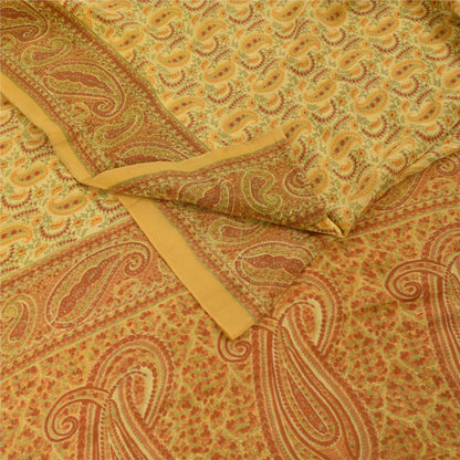 Sanskriti Vintage Sarees Yellow Pure Crepe Silk Printed Sari 5+yd Craft Fabric