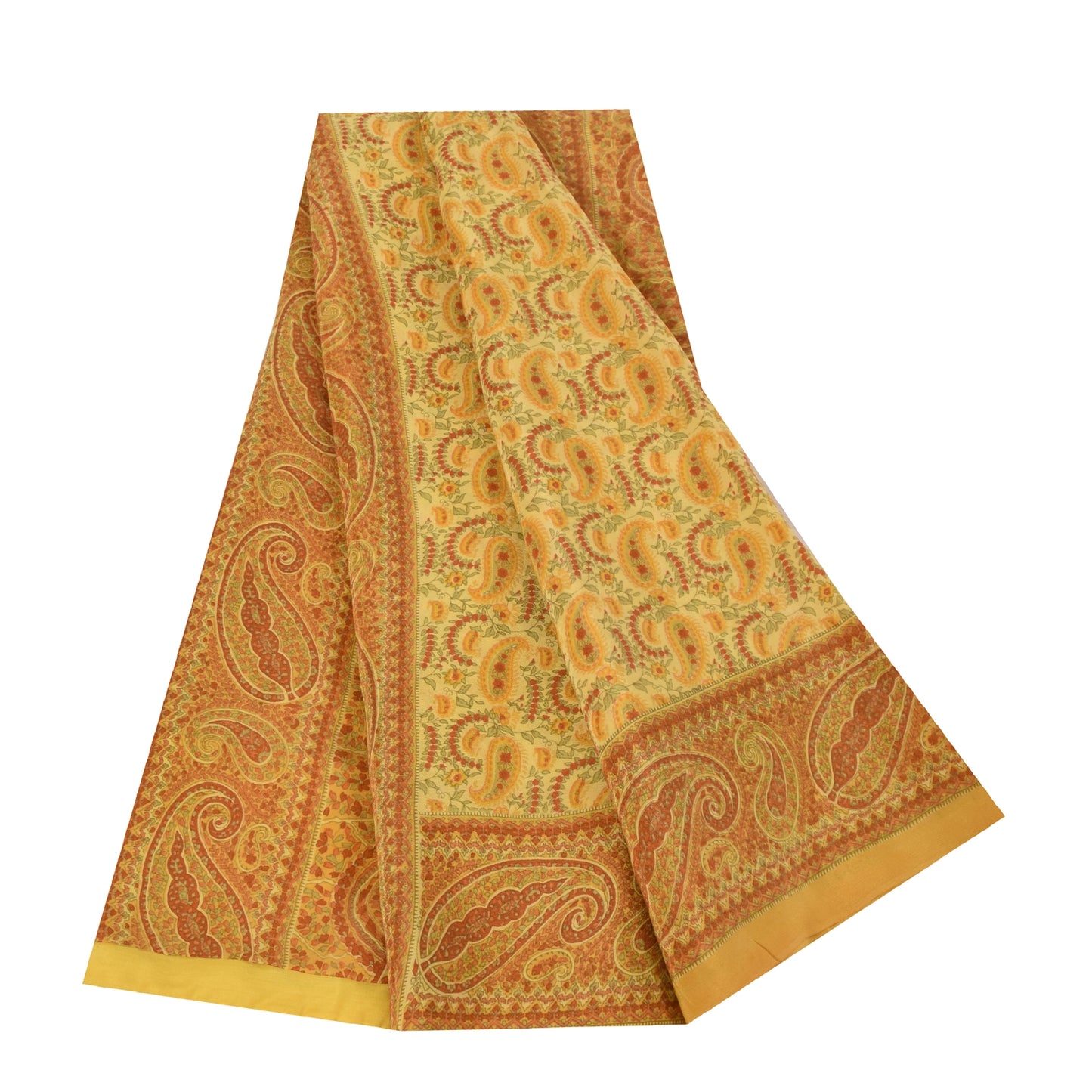 Sanskriti Vintage Sarees Yellow Pure Crepe Silk Printed Sari 5+yd Craft Fabric