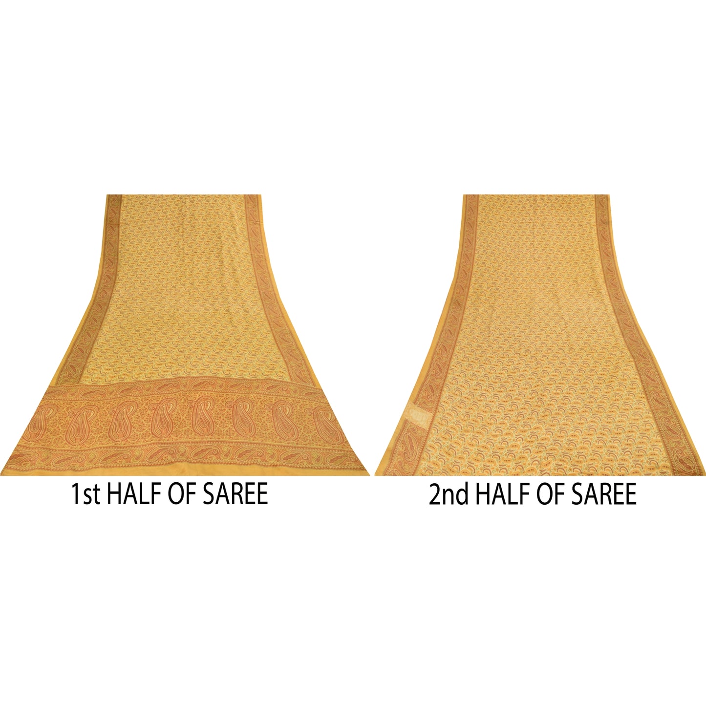 Sanskriti Vintage Sarees Yellow Pure Crepe Silk Printed Sari 5+yd Craft Fabric