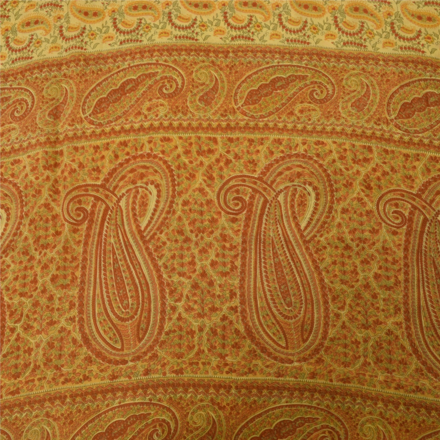 Sanskriti Vintage Sarees Yellow Pure Crepe Silk Printed Sari 5+yd Craft Fabric