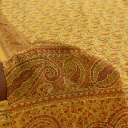 Sanskriti Vintage Sarees Yellow Pure Crepe Silk Printed Sari 5+yd Craft Fabric
