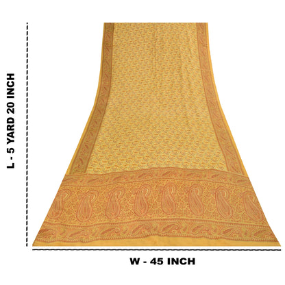 Sanskriti Vintage Sarees Yellow Pure Crepe Silk Printed Sari 5+yd Craft Fabric