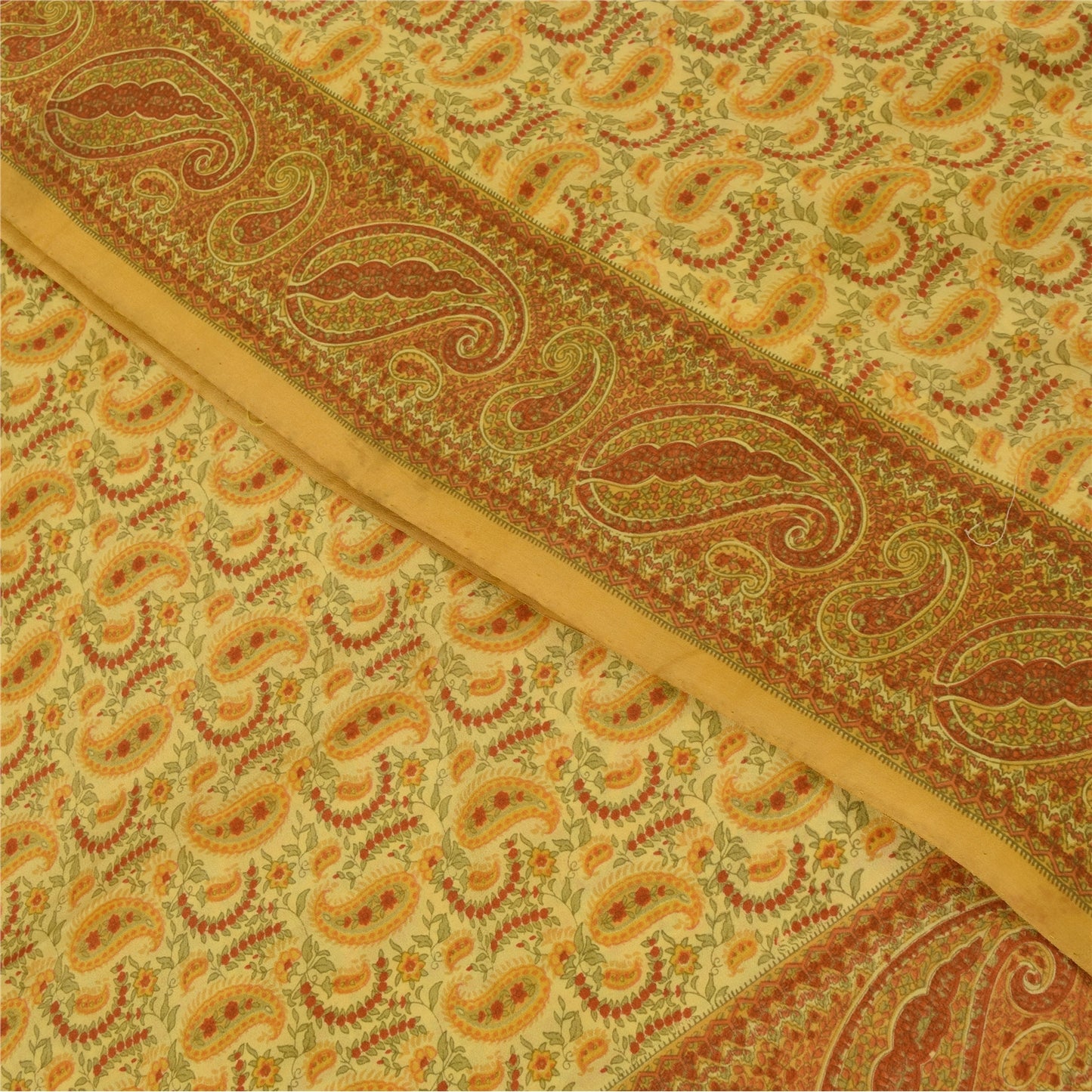 Sanskriti Vintage Sarees Yellow Pure Crepe Silk Printed Sari 5+yd Craft Fabric